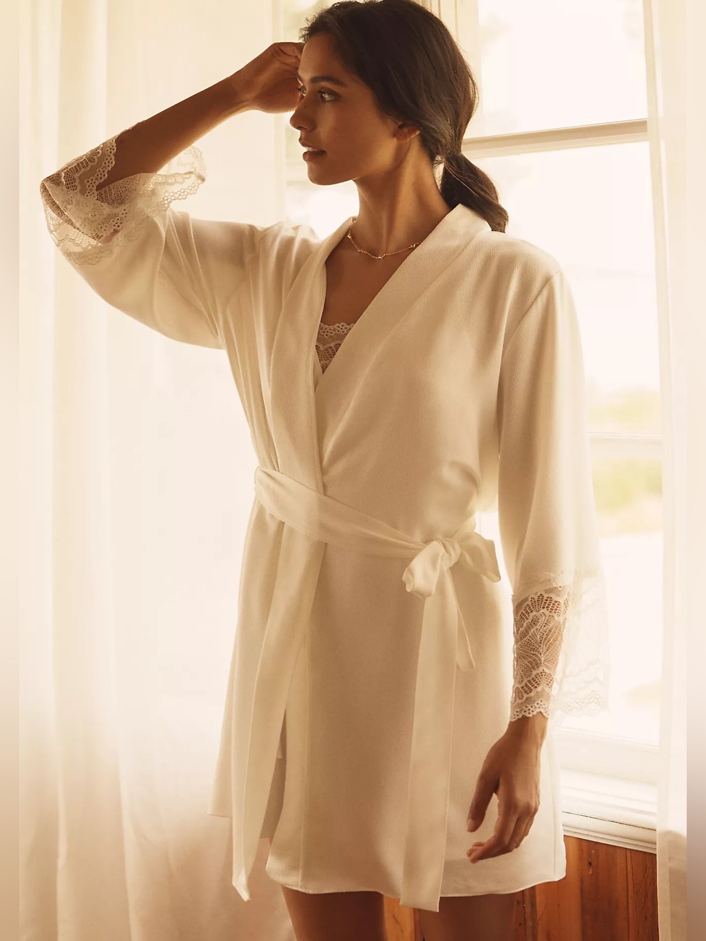 Flora By Flora Nikrooz White Bridal Robe, Lace Trim, L/Xl